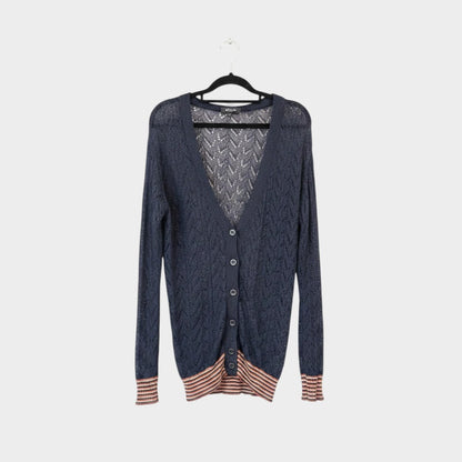 Lula and Mimi preloved Kate Sylvester black knit cardigan with a delicate chevron pattern and striped ribbed hem.