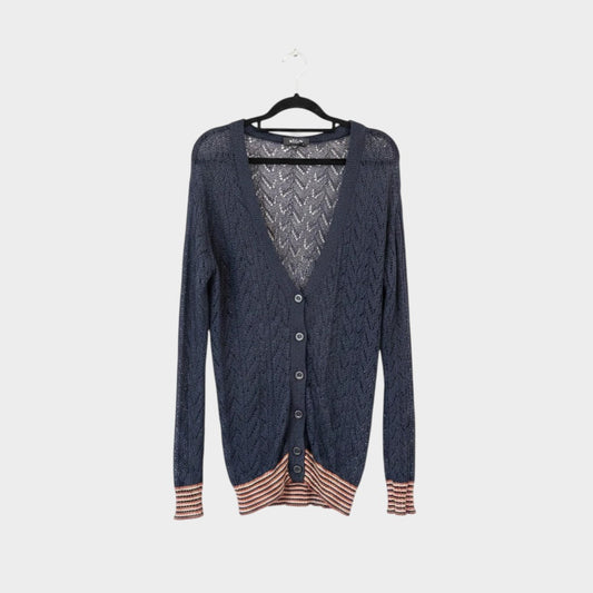 Lula and Mimi preloved Kate Sylvester black knit cardigan with a delicate chevron pattern and striped ribbed hem.
