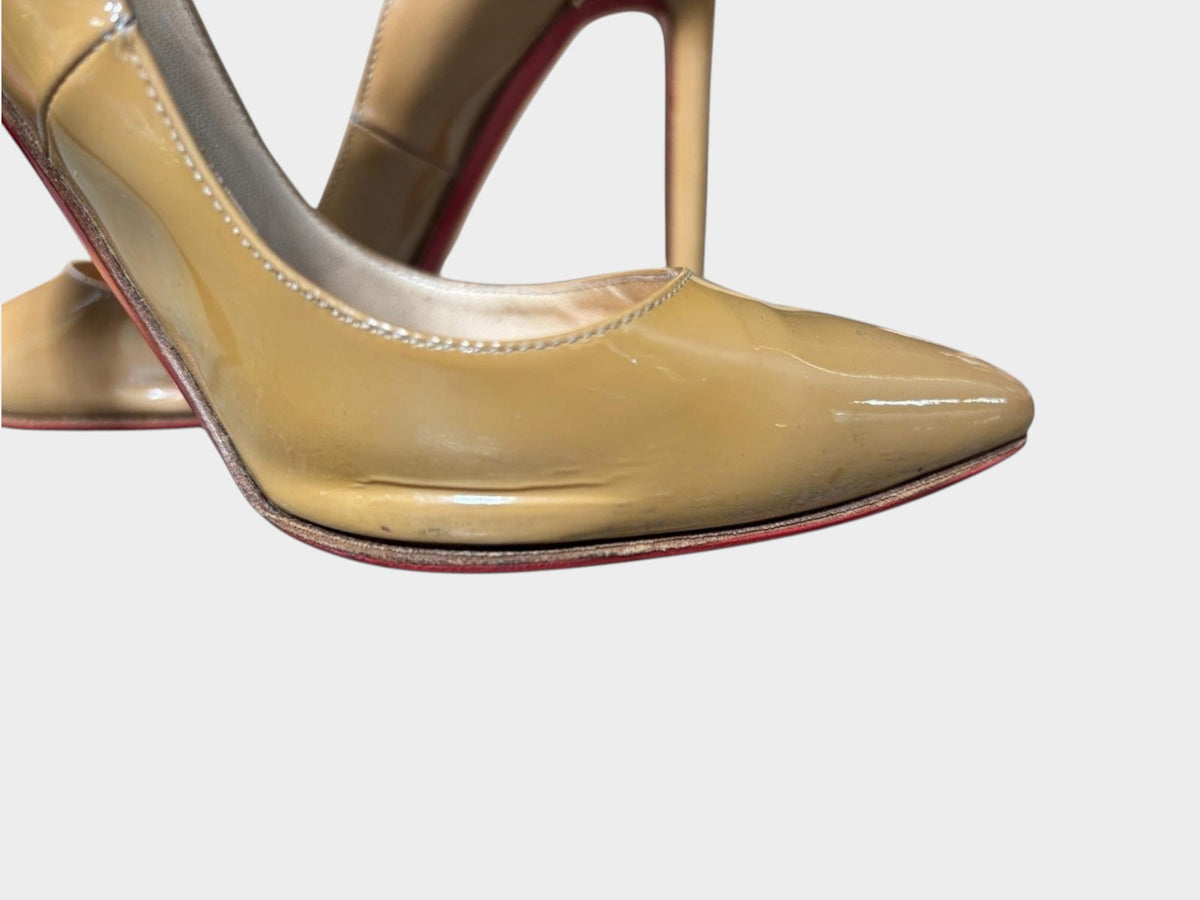 Lula and Mimi nude patent calf leather Christian Louboutin Pigalle 120mm heels with iconic red soles