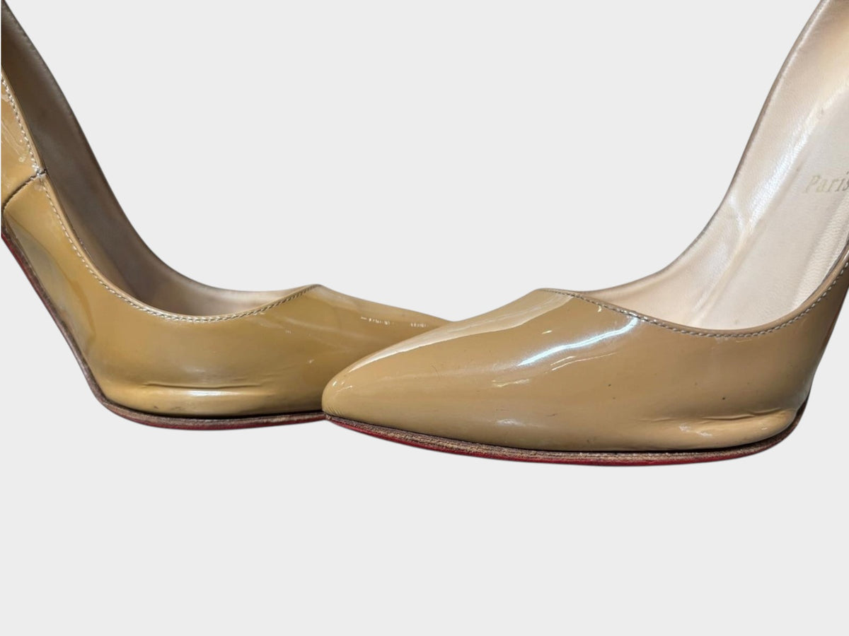 Lula and Mimi Christian Louboutin Pigalle 120mm nude patent leather pumps with iconic red soles
