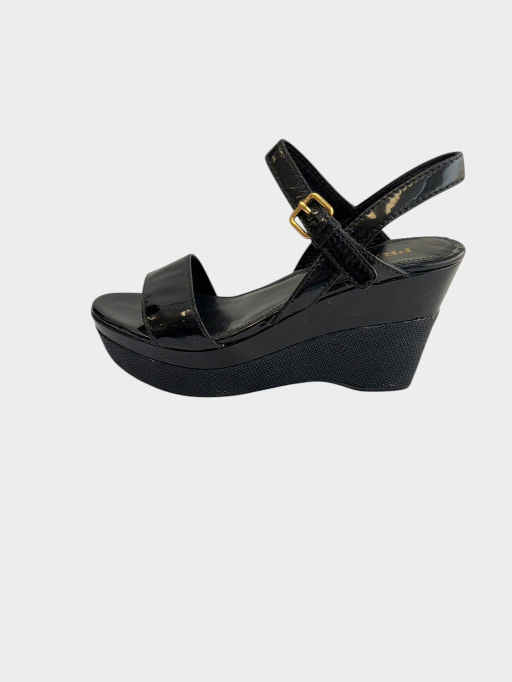 Lula and Mimi Prada Sport black patent leather platform wedge sandals with gold-tone buckle ankle strap