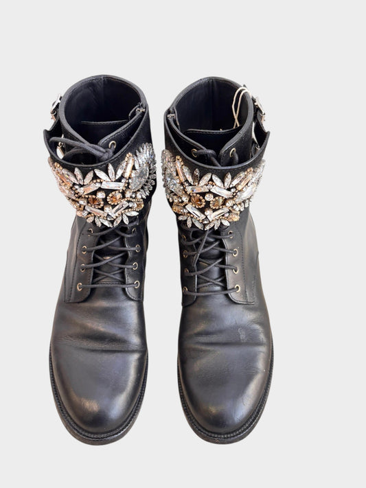 Lula and Mimi Rene Caovilla black leather moto boots featuring crystal embellishments, lace-up front, and side zip.