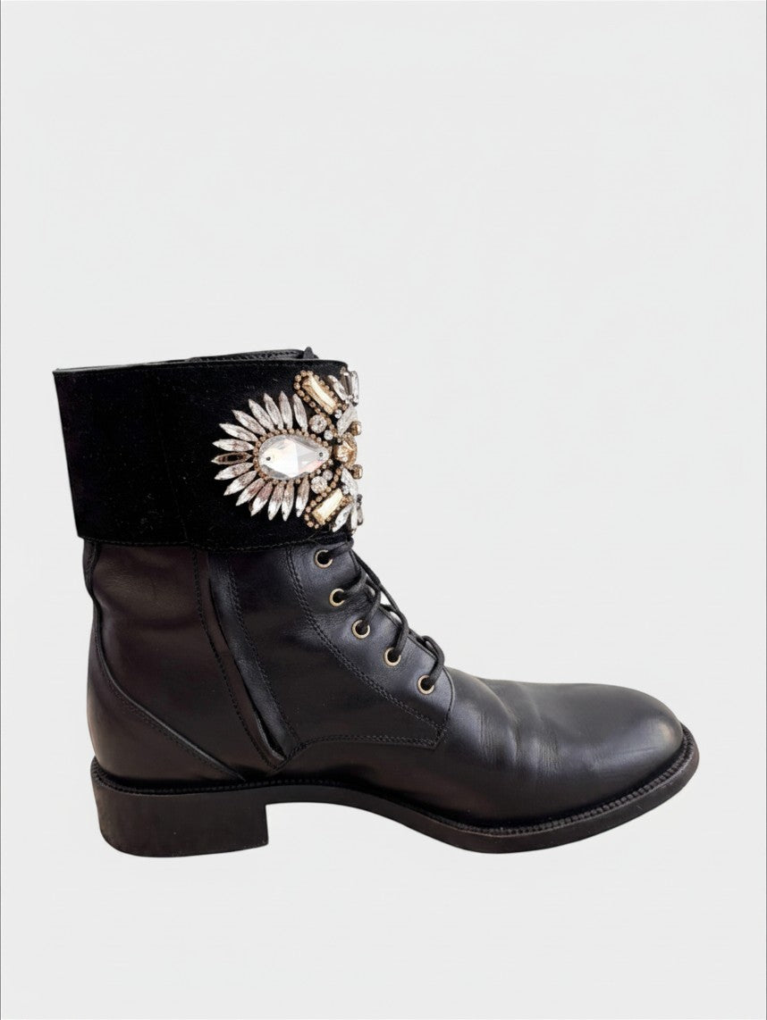 Lula and Mimi Rene Caovilla black leather moto boots with crystal embellishment, lace-up front, and side zip closure.