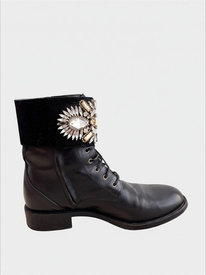 Lula and Mimi Rene Caovilla black leather moto boots with crystal embellishment, lace-up front, and side zip closure.