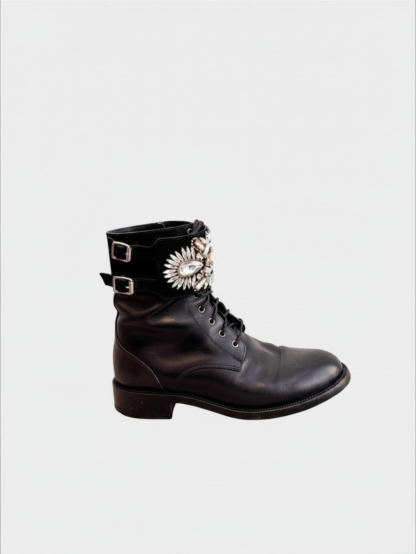 Lula and Mimi René Caovilla black leather combat boot with a suede cuff featuring silver and gold Swarovski crystals.