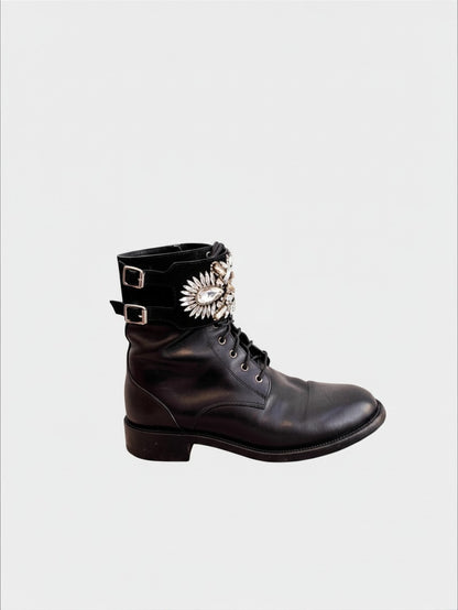 Lula and Mimi René Caovilla black leather combat boot with a suede cuff featuring silver and gold Swarovski crystals.