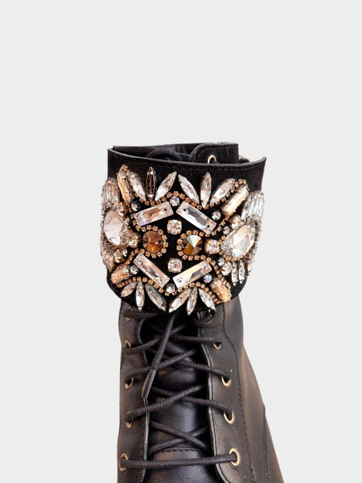 Lula and Mimi Rene Caovilla black leather moto boots featuring a crystal-embellished cuff and lace-up front