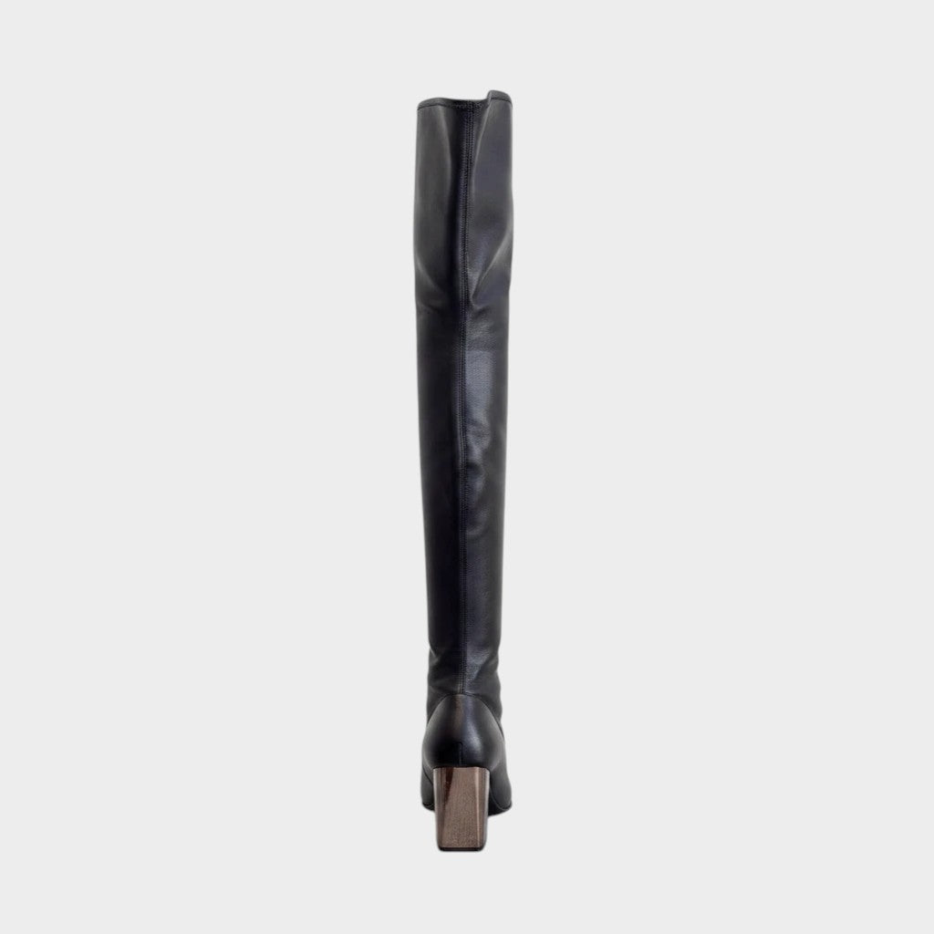 Lula and Mimi Sergio Rossi black leather over-the-knee boots with a square toe and block heel, back view