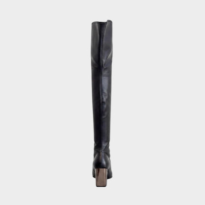Lula and Mimi Sergio Rossi black leather over-the-knee boots with a square toe and block heel, back view