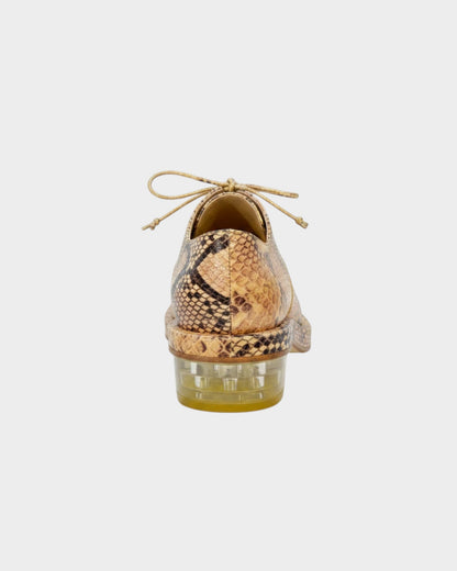 Lula and Mimi Simone Rocha python-embossed leather lace-up shoes with a chunky transparent platform heel, rear view.