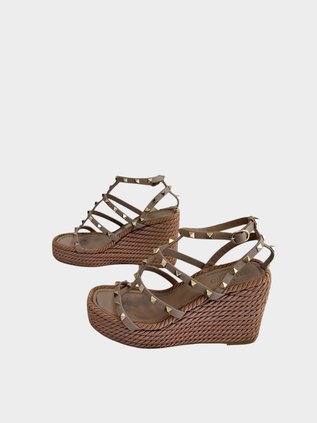 Lula and Mimi Valentino Garavani neutral leather caged Rockstud espadrille wedge sandals with gold hardware