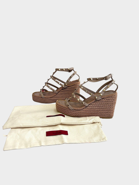 Lula and Mimi Valentino Garavani neutral leather Rockstud caged espadrille wedge sandals with dust bags
