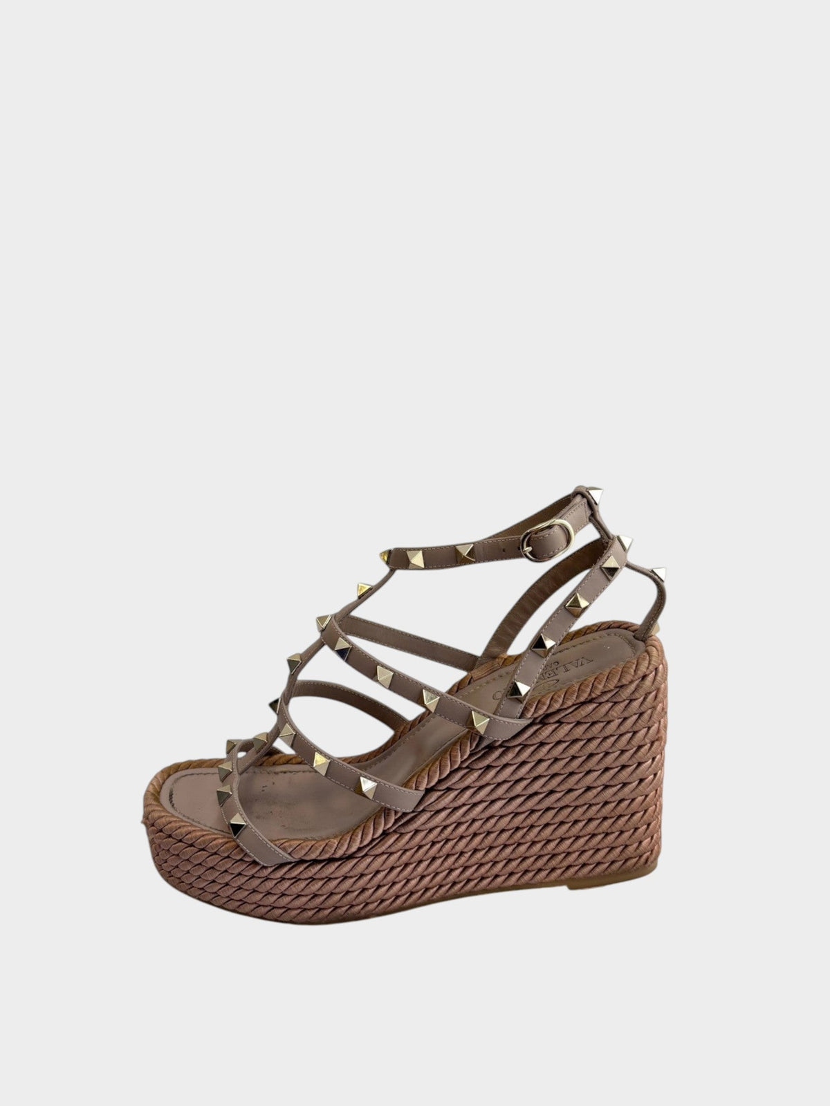 Lula and Mimi Valentino Garavani neutral leather Rockstud caged espadrille wedge sandal with gold-tone hardware