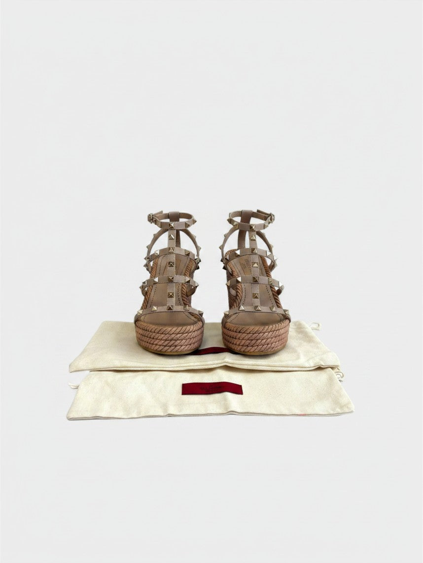 Lula and Mimi Valentino Garavani neutral leather Rockstud caged espadrille wedge sandals with gold hardware