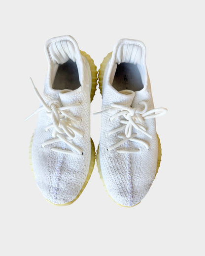 Lula and Mimi Adidas x Yeezy Boost 350 V2 trainers in cream white with a knit upper and lace-up closure