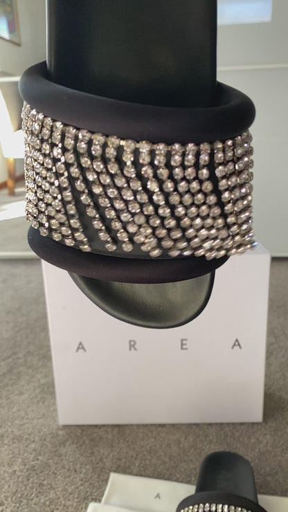 AREA Crystal-Embellished Platform Slides – Black Sandals with Rhinestone Straps- Size 36